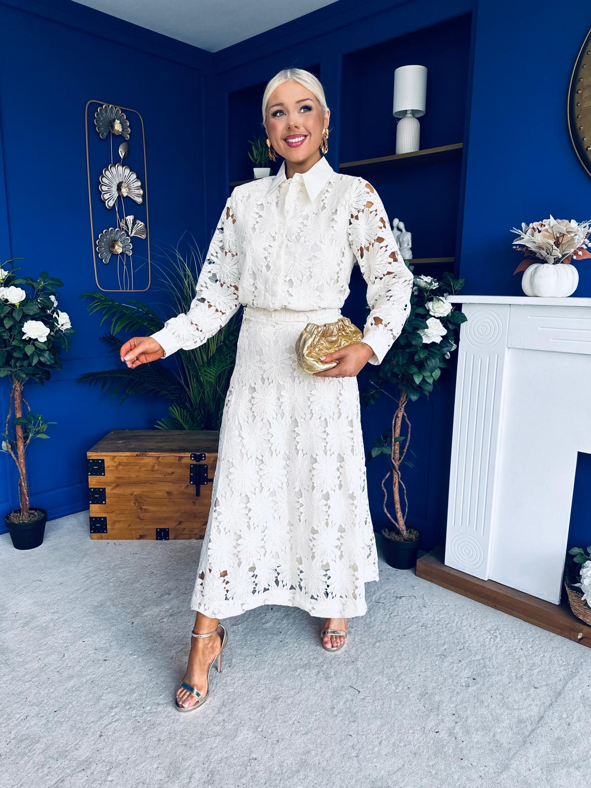 Riley Crochet Shirt & Skirt Set Cream