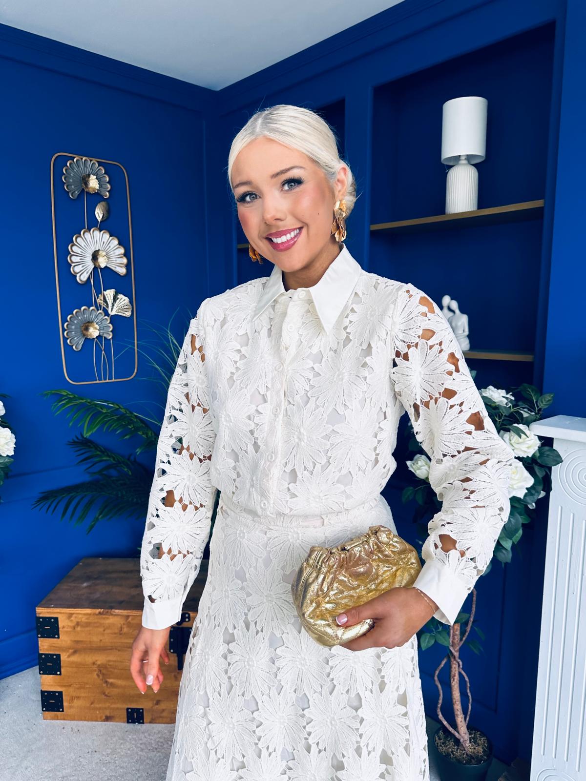 Riley Crochet Shirt & Skirt Set Cream