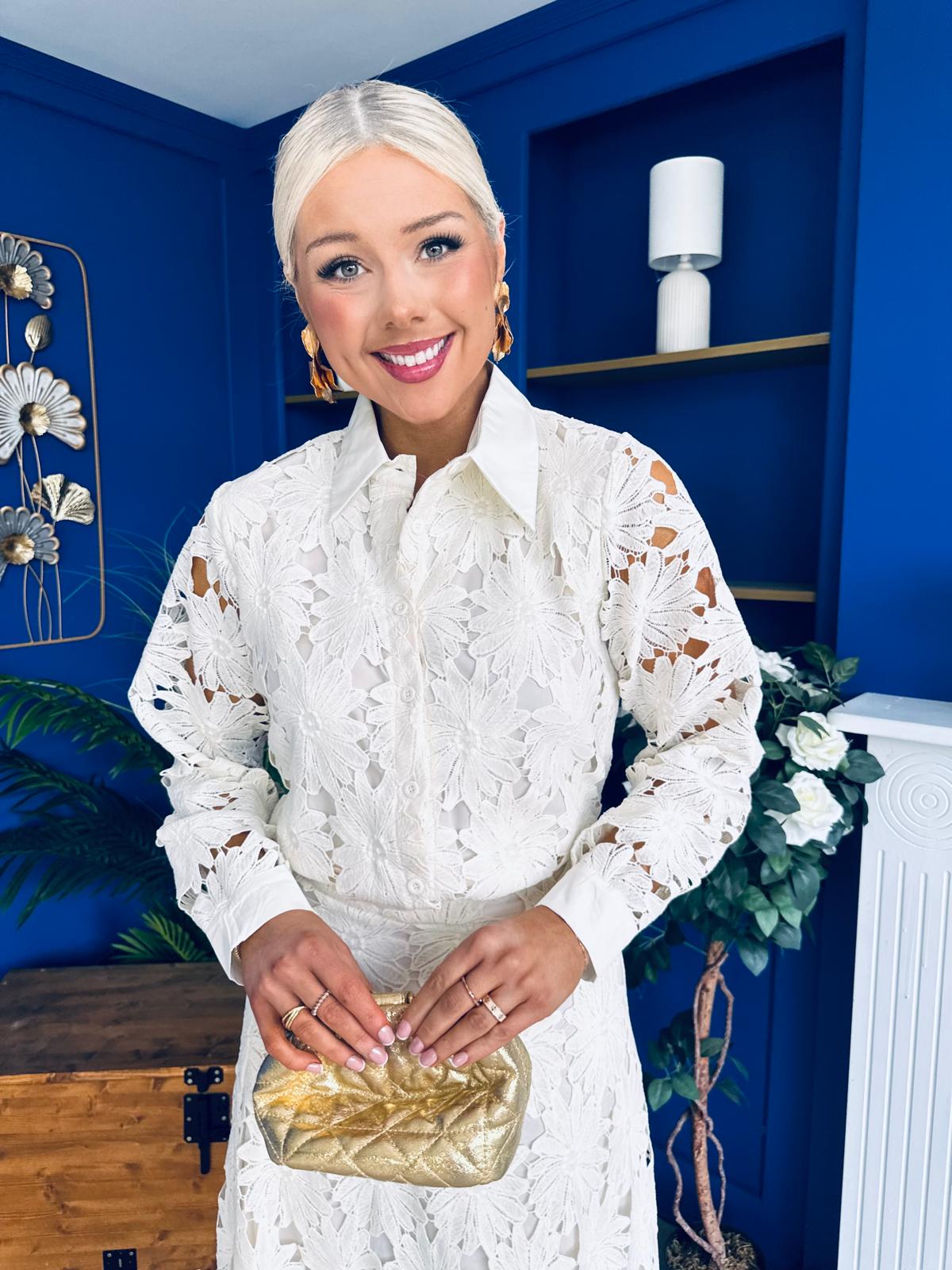 Riley Crochet Shirt & Skirt Set Cream