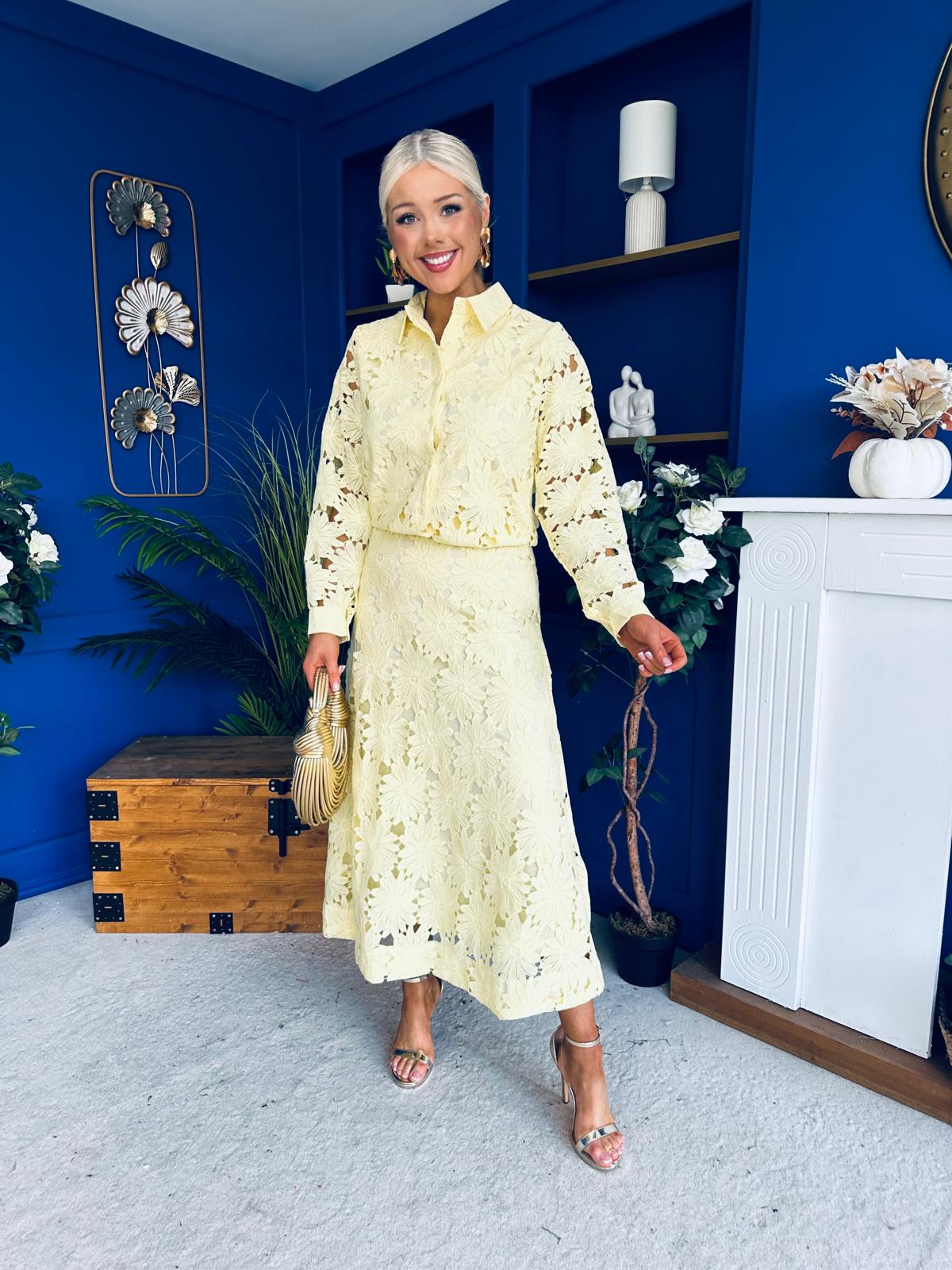 Riley Crochet Shirt & Skirt Set Yellow