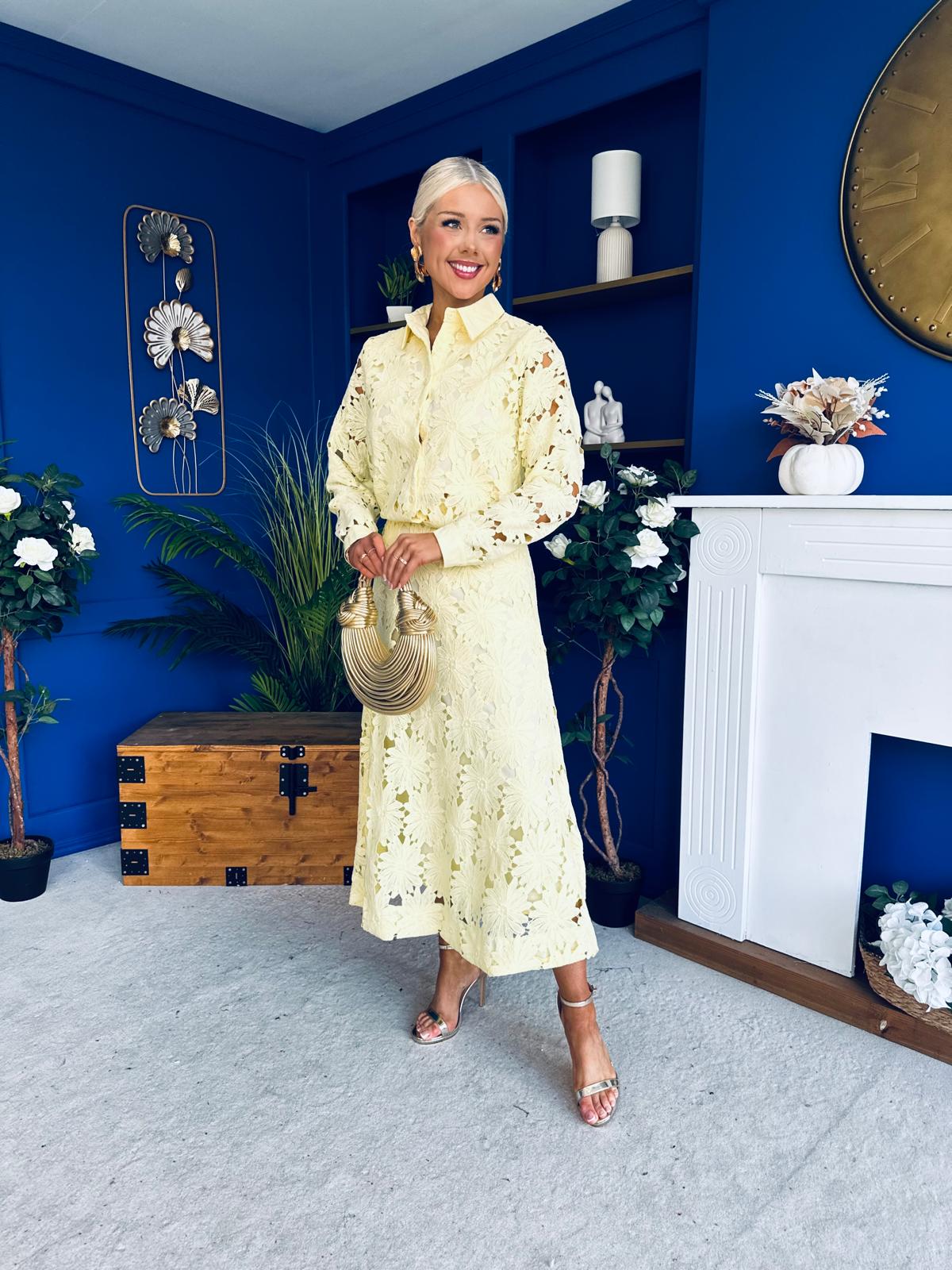 Riley Crochet Shirt & Skirt Set Yellow