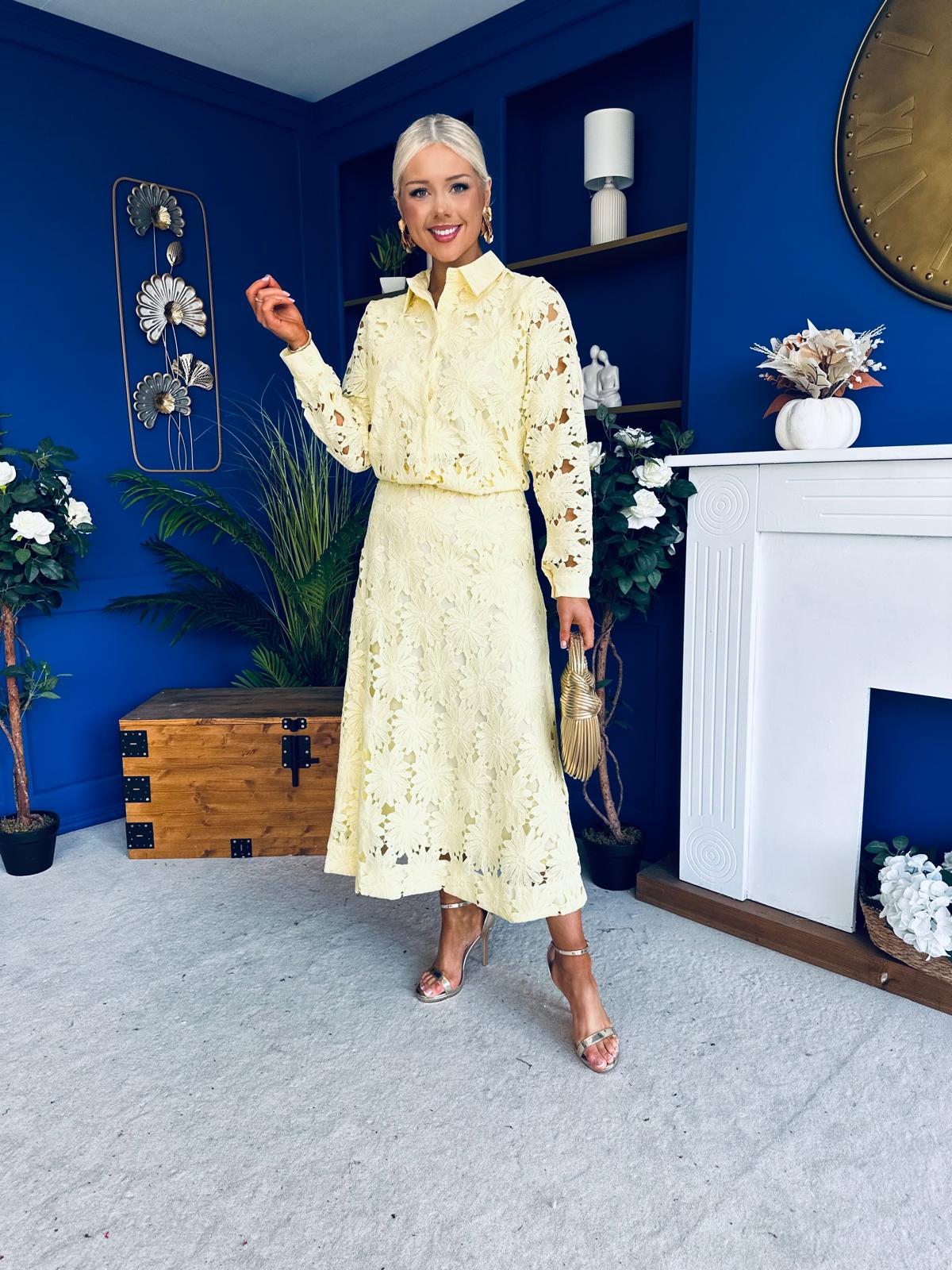 Riley Crochet Shirt & Skirt Set Yellow