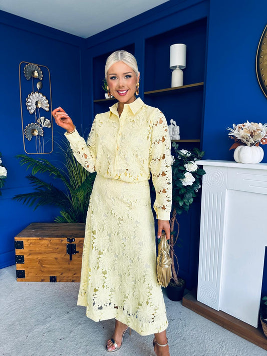 Riley Crochet Shirt & Skirt Set Yellow