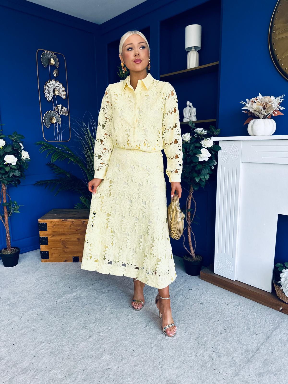 Riley Crochet Shirt & Skirt Set Yellow