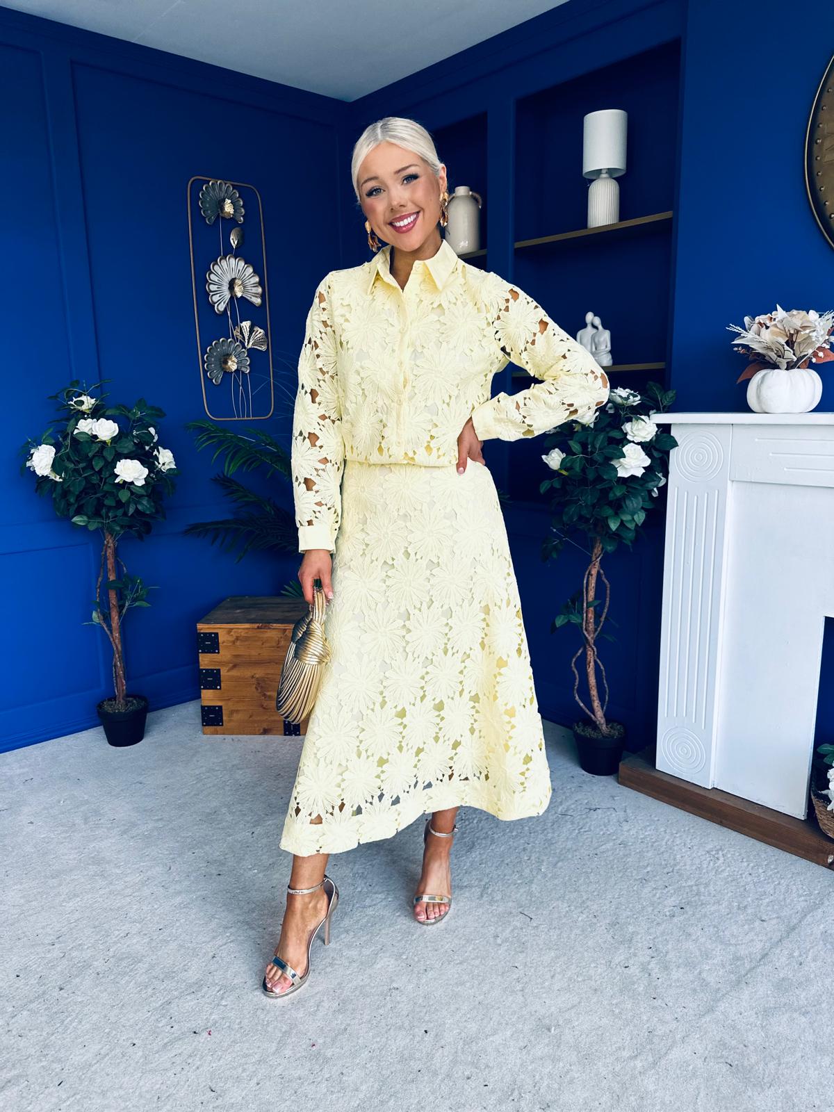 Riley Crochet Shirt & Skirt Set Yellow