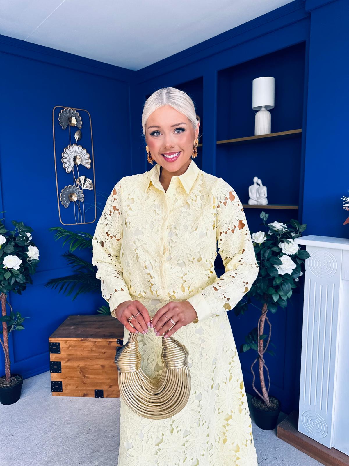 Riley Crochet Shirt & Skirt Set Yellow