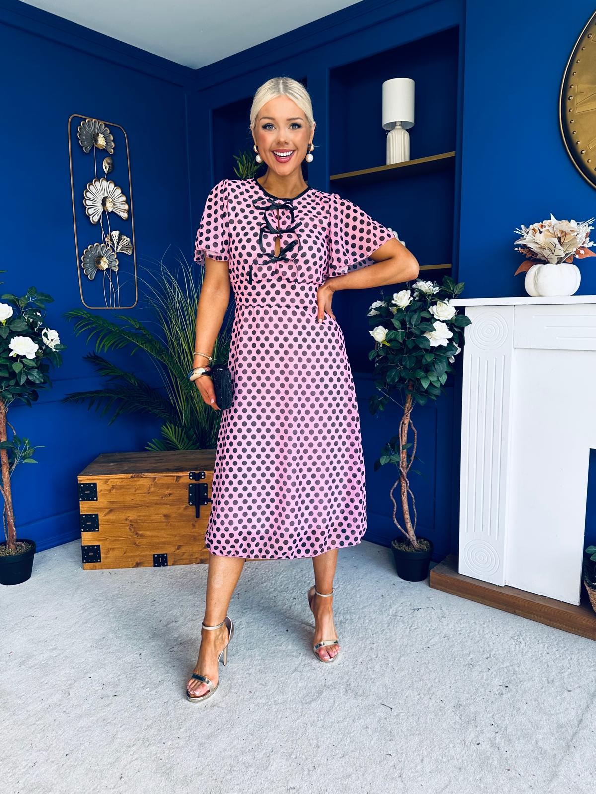 Maeve Detailed Midi Dress Polka Pink