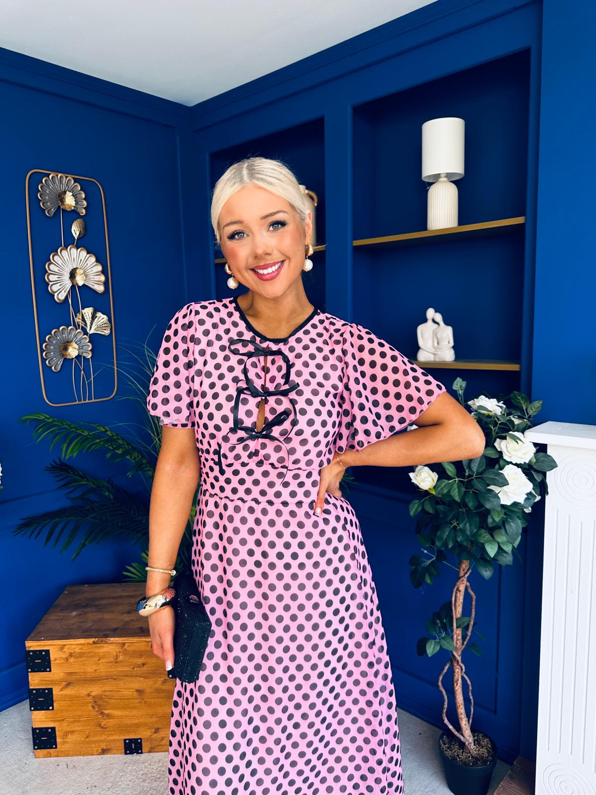 Maeve Detailed Midi Dress Polka Pink