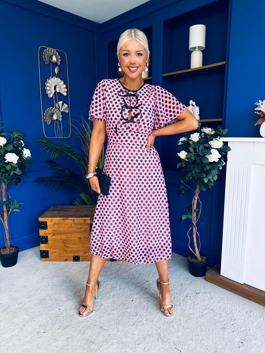 Maeve Detailed Midi Dress Polka Pink