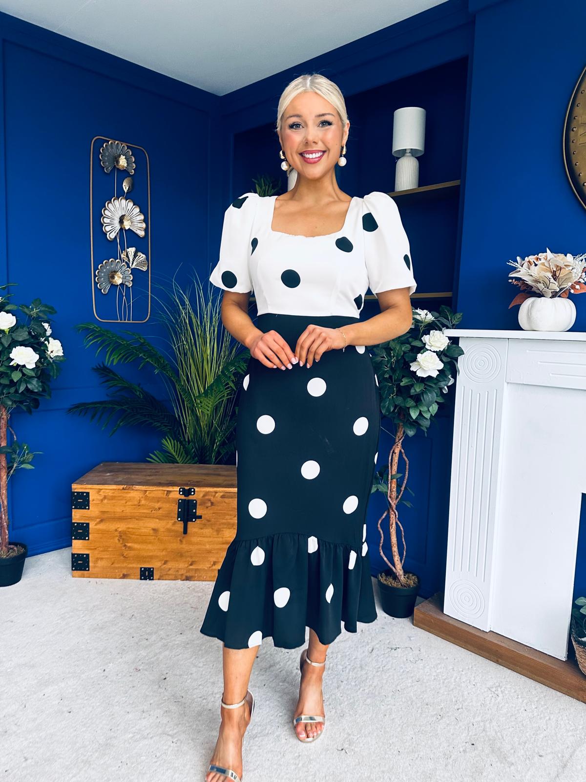 Jennifer Puff Sleeve Midi Dress Polka Monochrome