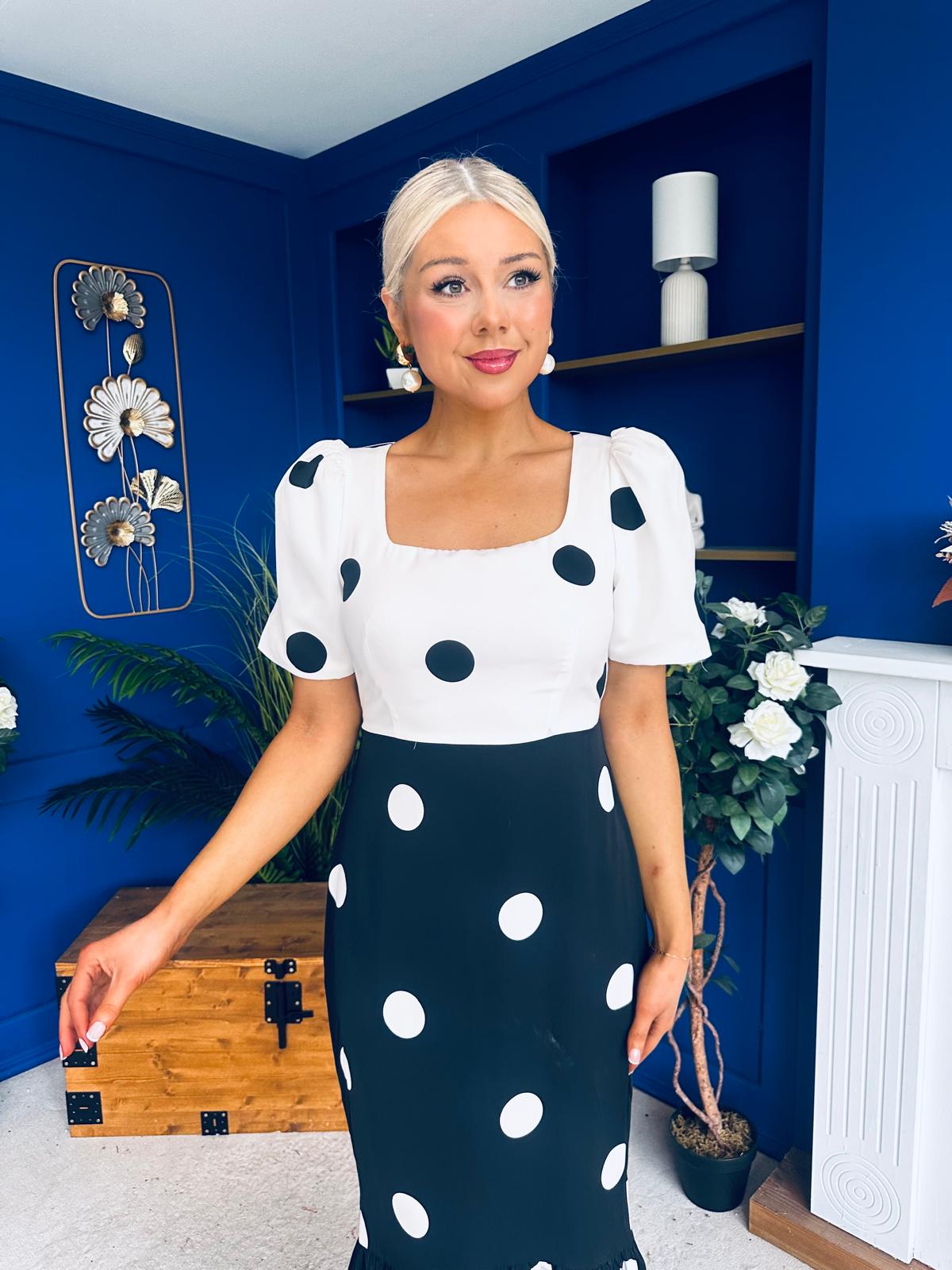Jennifer Puff Sleeve Midi Dress Polka Monochrome