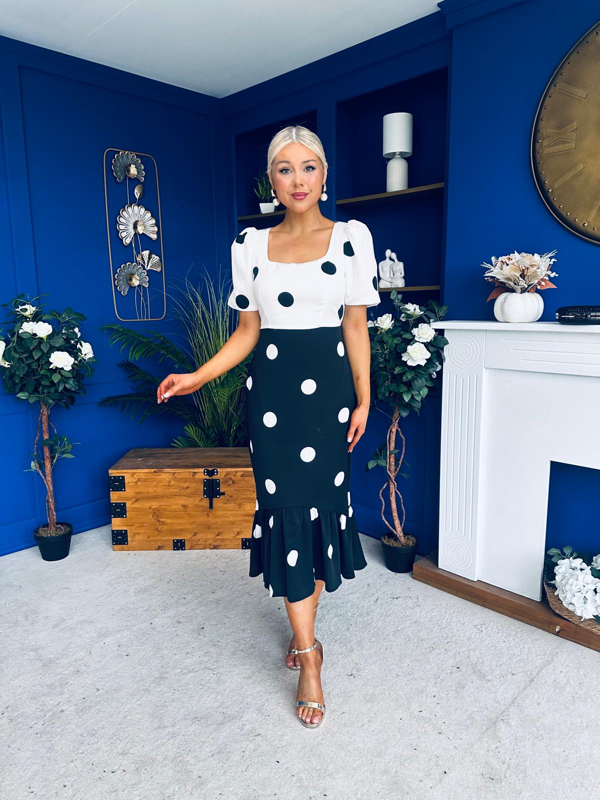Jennifer Puff Sleeve Midi Dress Polka Monochrome