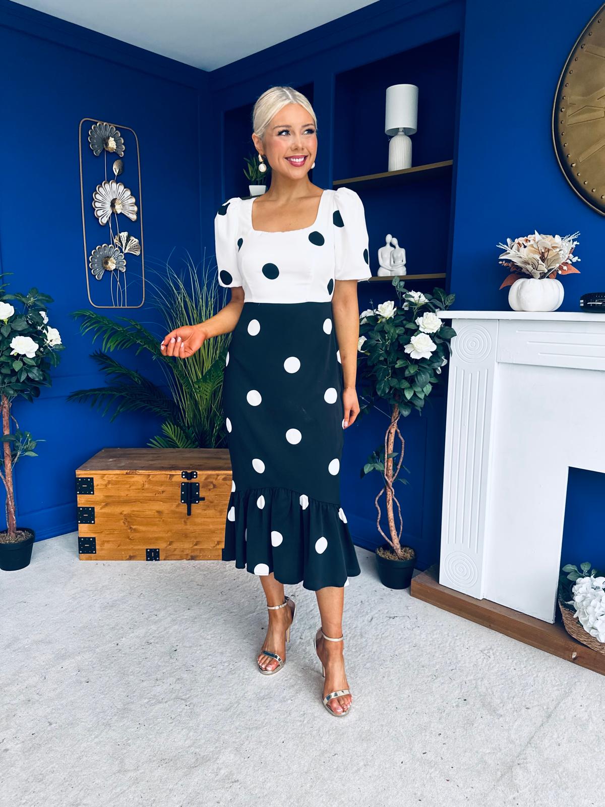 Jennifer Puff Sleeve Midi Dress Polka Monochrome