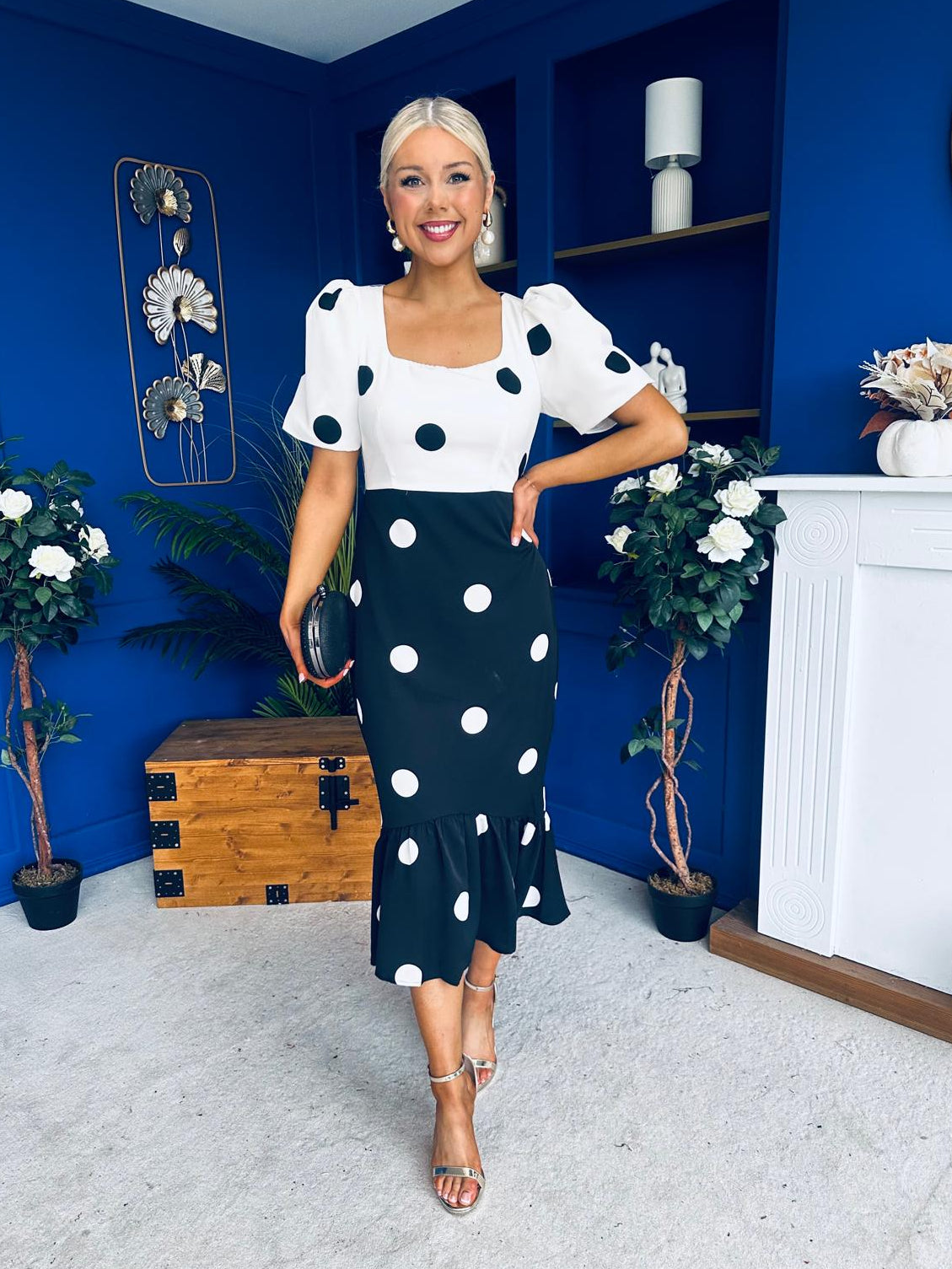 Jennifer Puff Sleeve Midi Dress Polka Monochrome