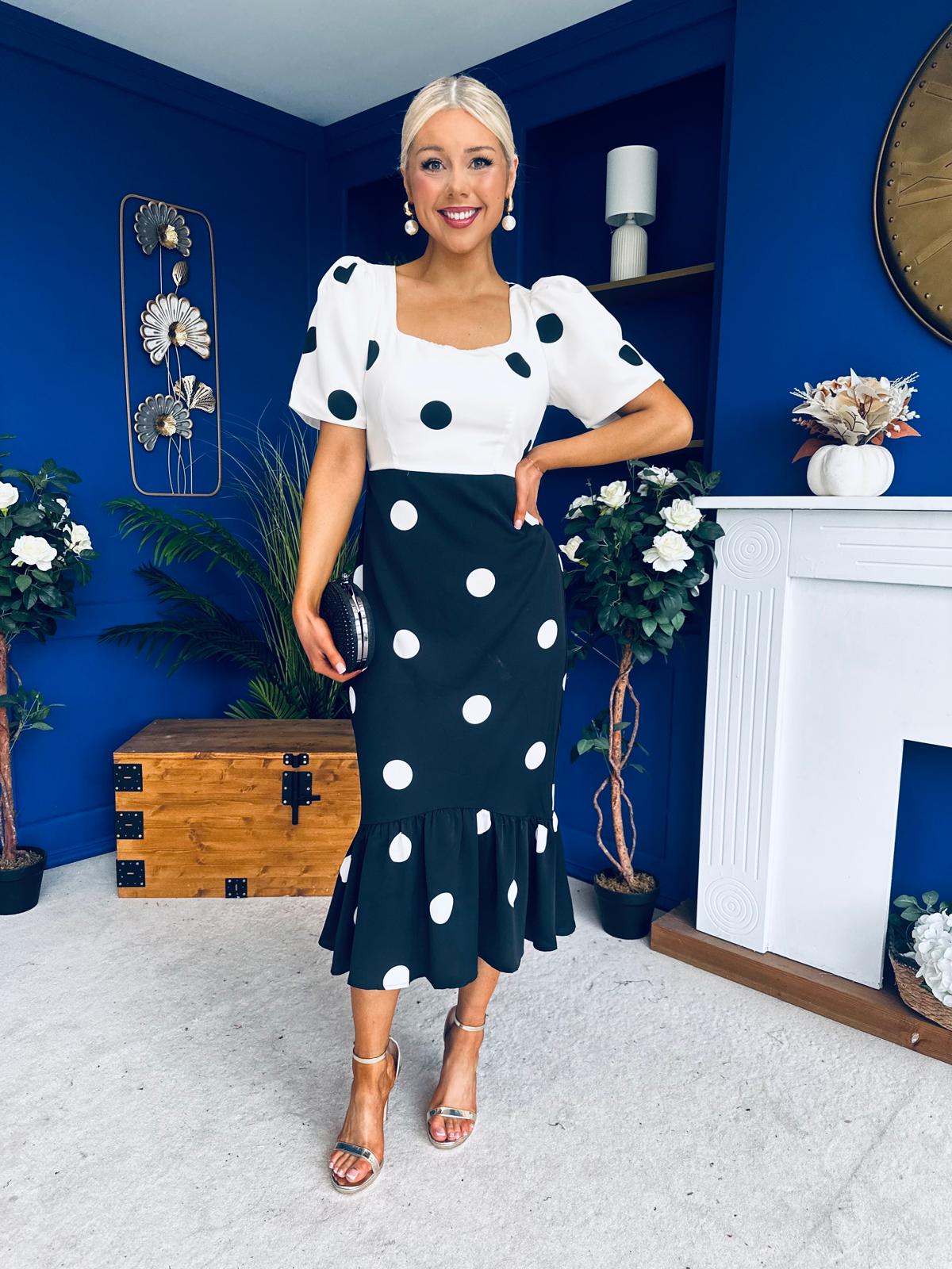 Jennifer Puff Sleeve Midi Dress Polka Monochrome