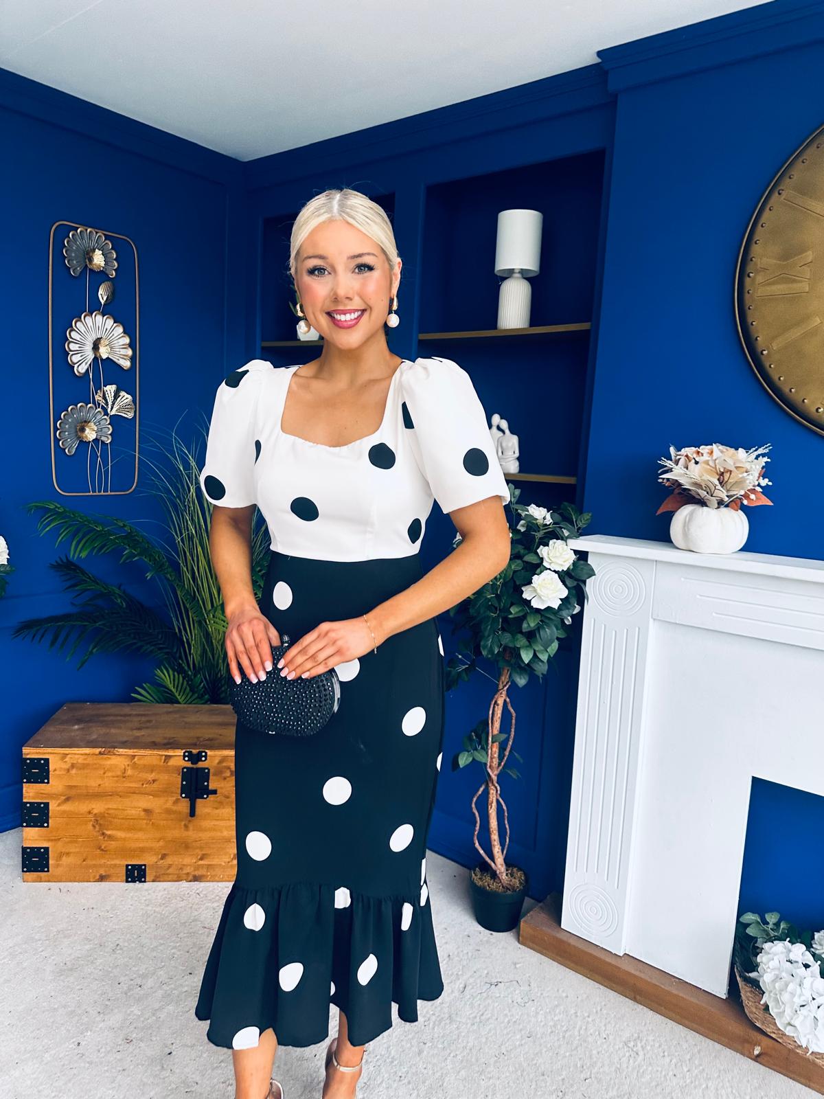 Jennifer Puff Sleeve Midi Dress Polka Monochrome
