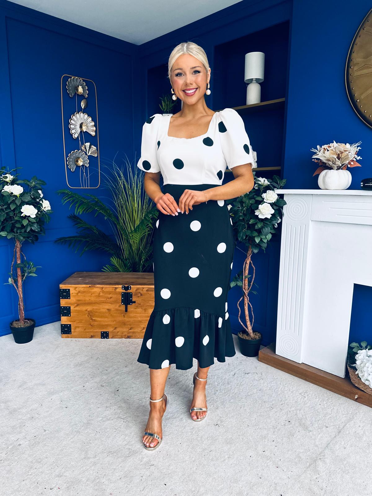 Jennifer Puff Sleeve Midi Dress Polka Monochrome