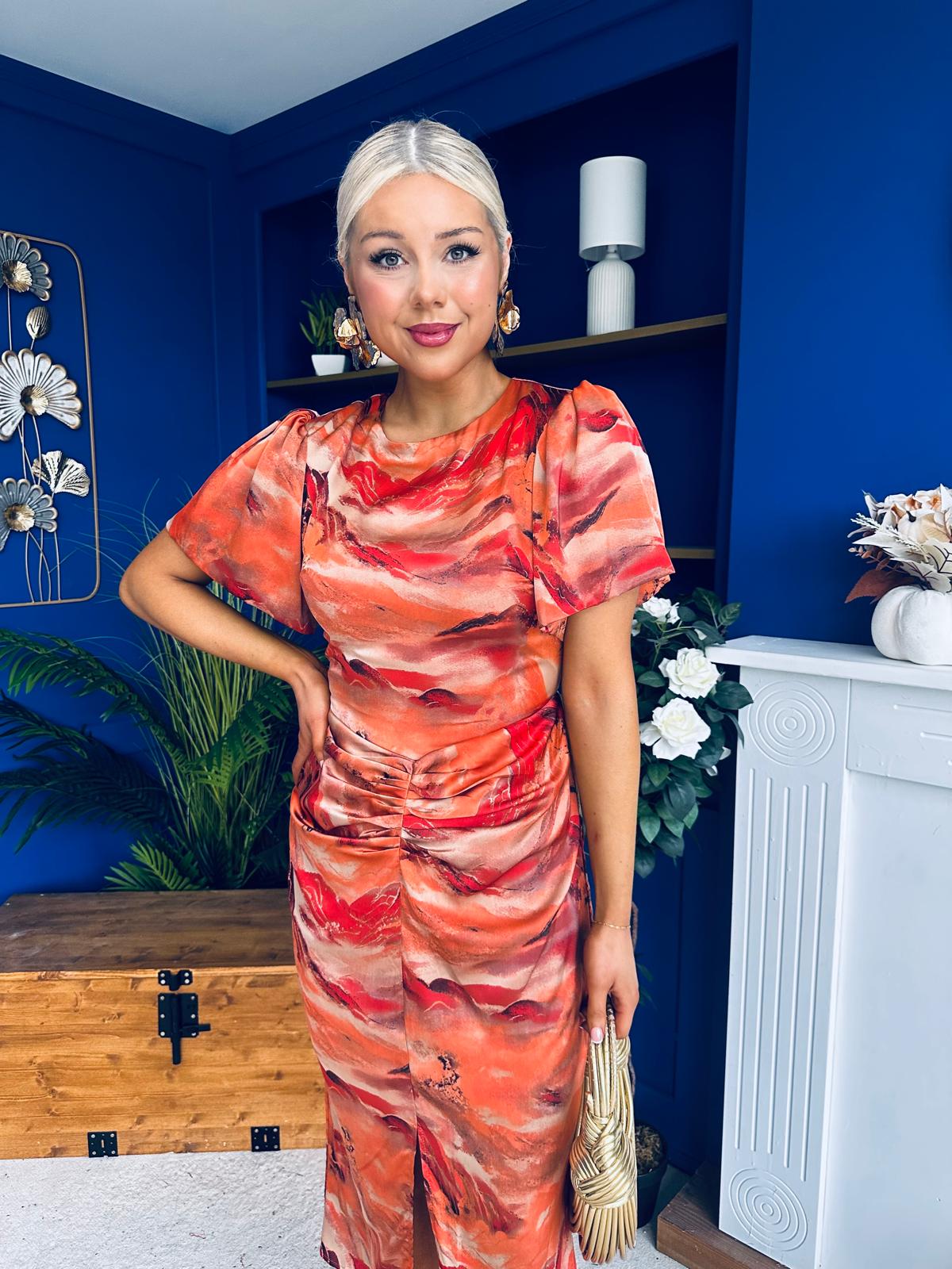 Karen Ruched Satin Print Slit Maxi Dress