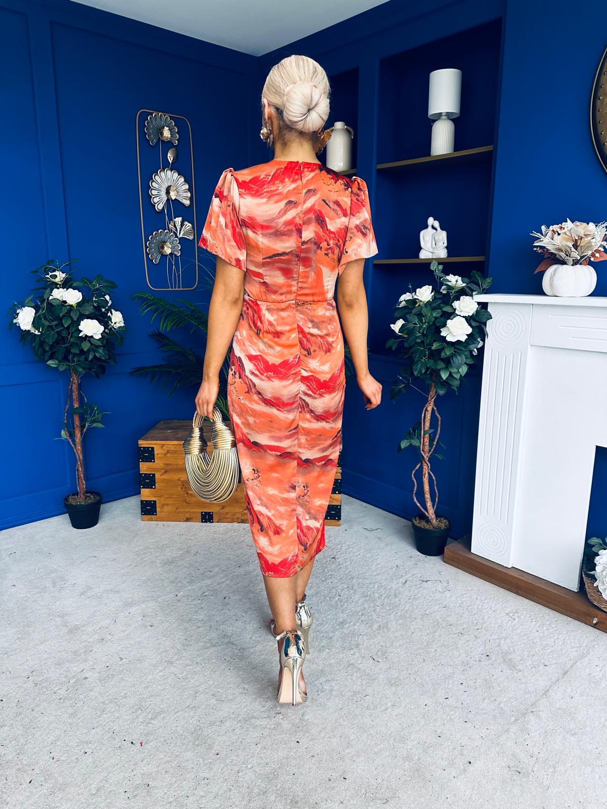 Karen Ruched Satin Print Slit Maxi Dress