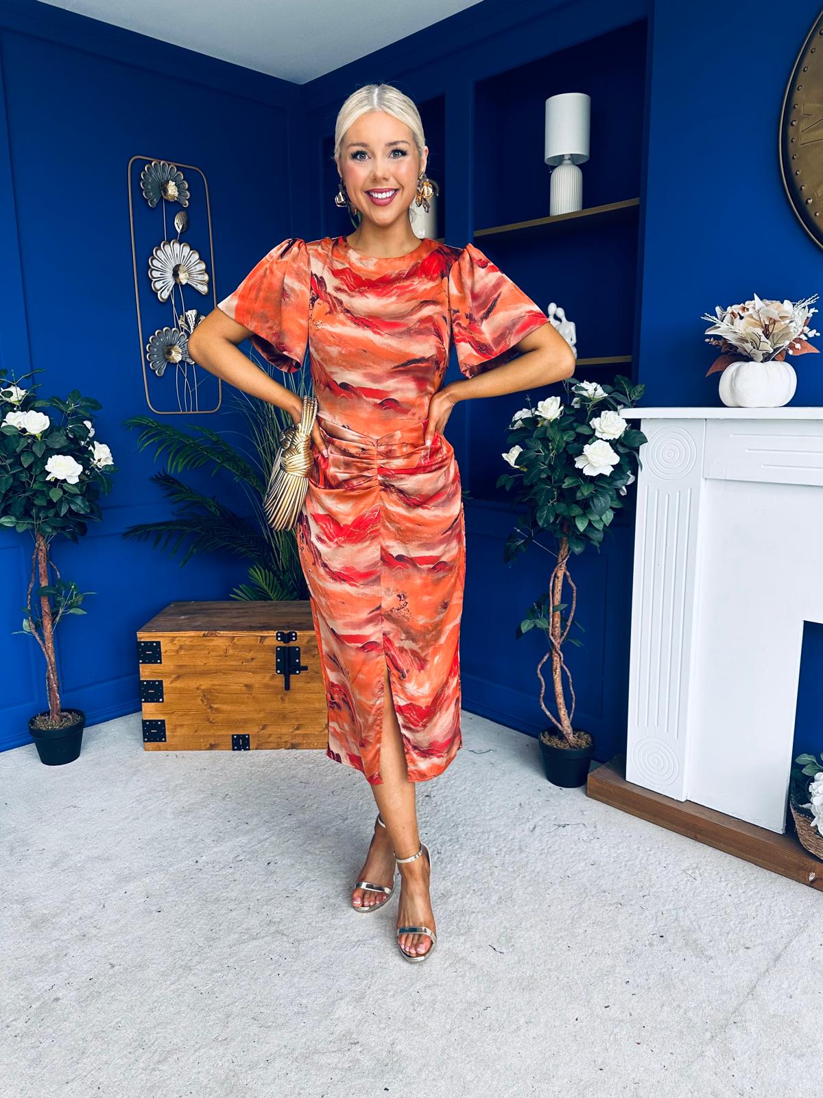 Karen Ruched Satin Print Slit Maxi Dress