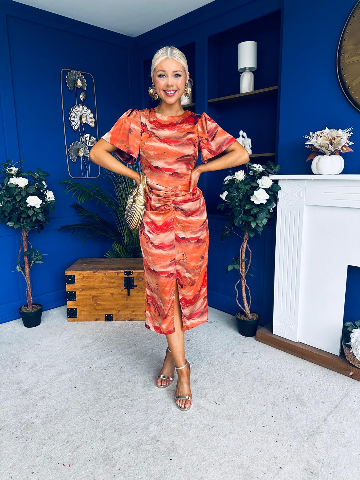 Karen Ruched Satin Print Slit Maxi Dress