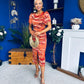 Karen Ruched Satin Print Slit Maxi Dress