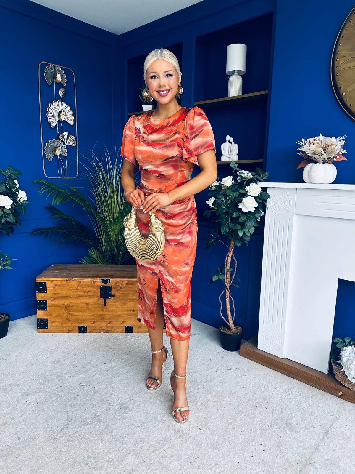 Karen Ruched Satin Print Slit Maxi Dress