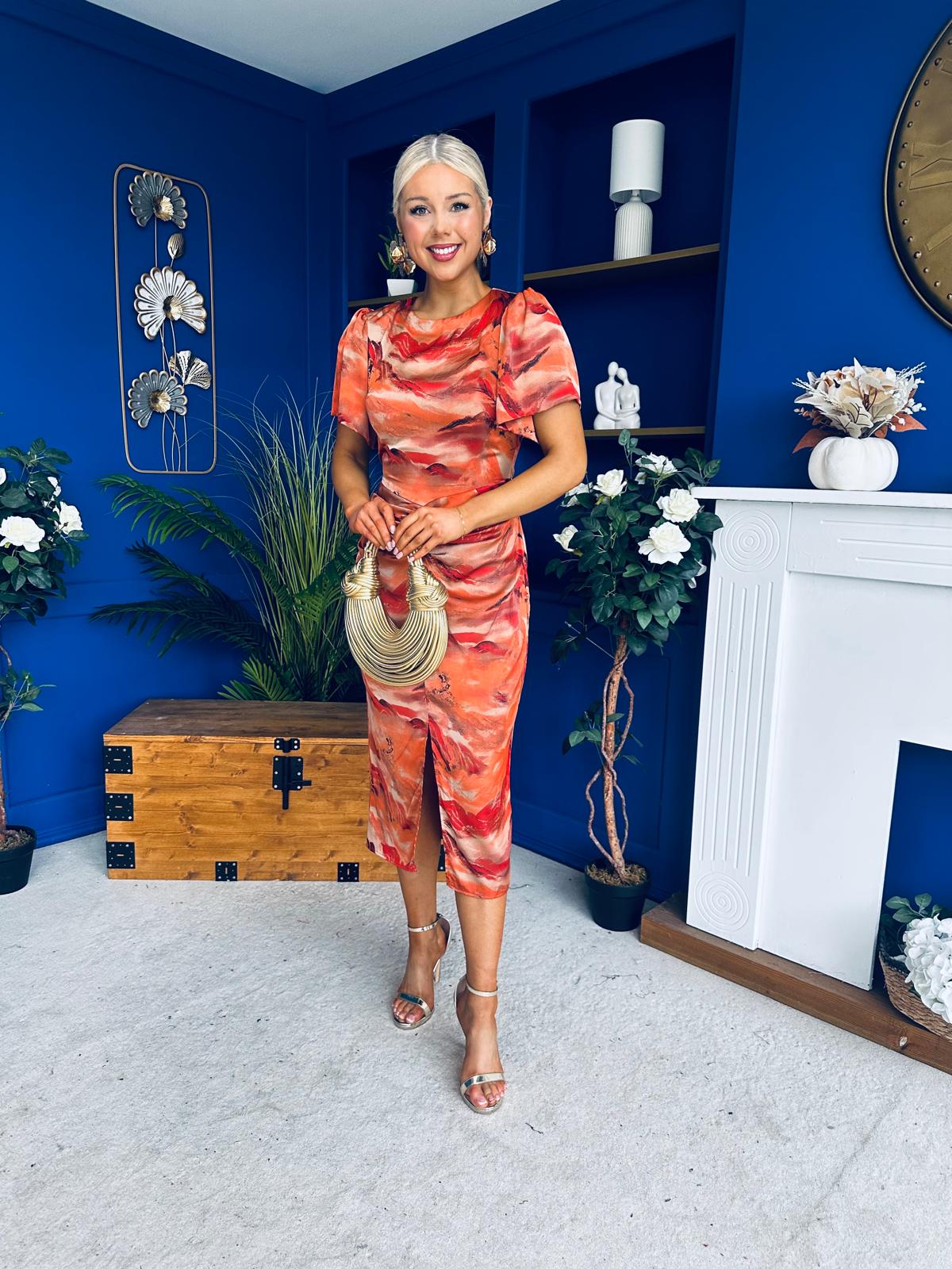 Karen Ruched Satin Print Slit Maxi Dress