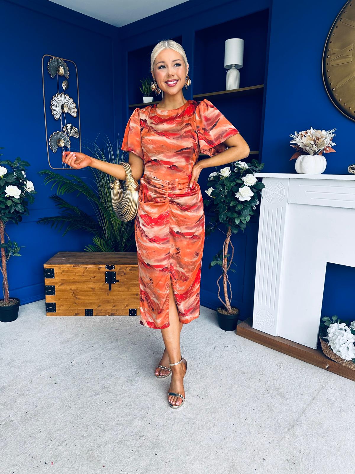 Karen Ruched Satin Print Slit Maxi Dress