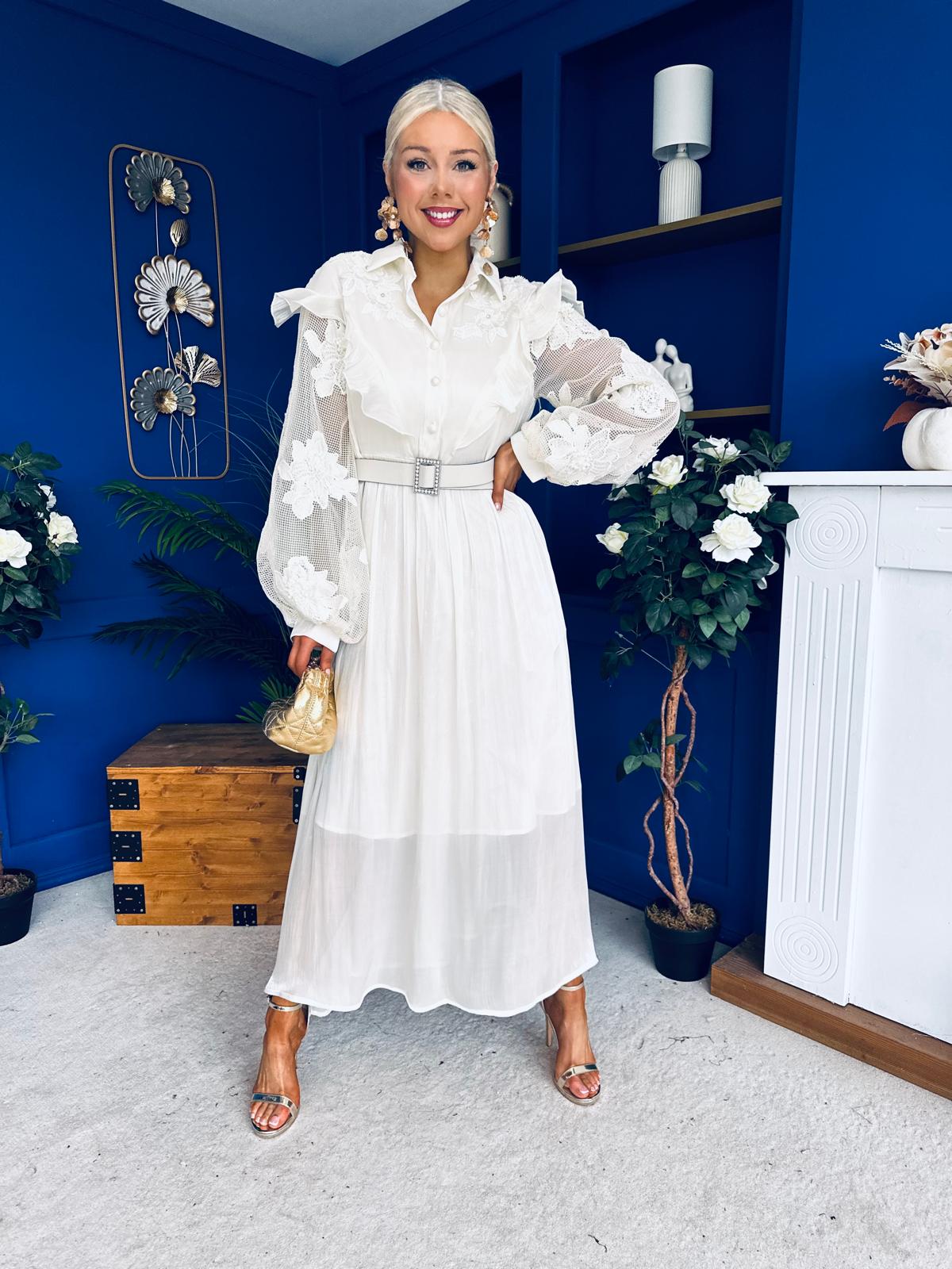 Mollie Floral Detailed Midi Dress Cream