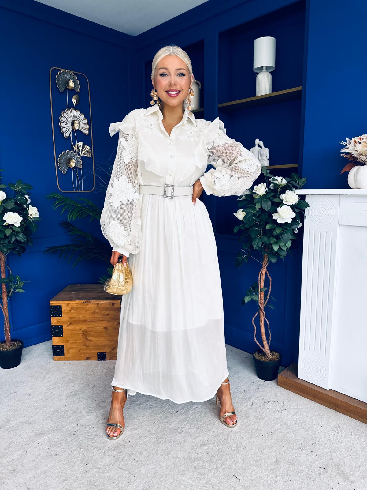 Mollie Floral Detailed Midi Dress Cream
