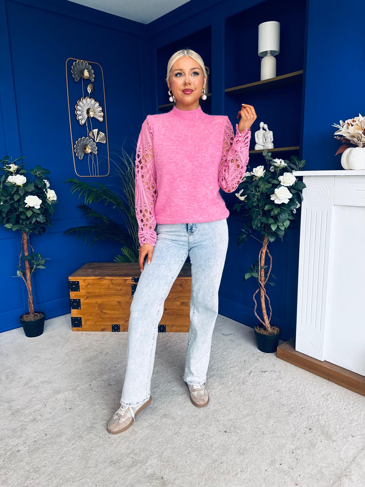 Jessy Crochet Sleeve Jumper Pink