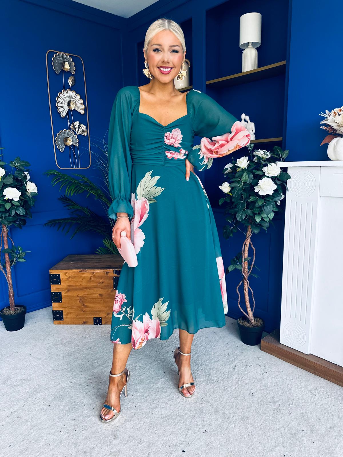 Ailbhe Detailed Midi Dress Floral Green