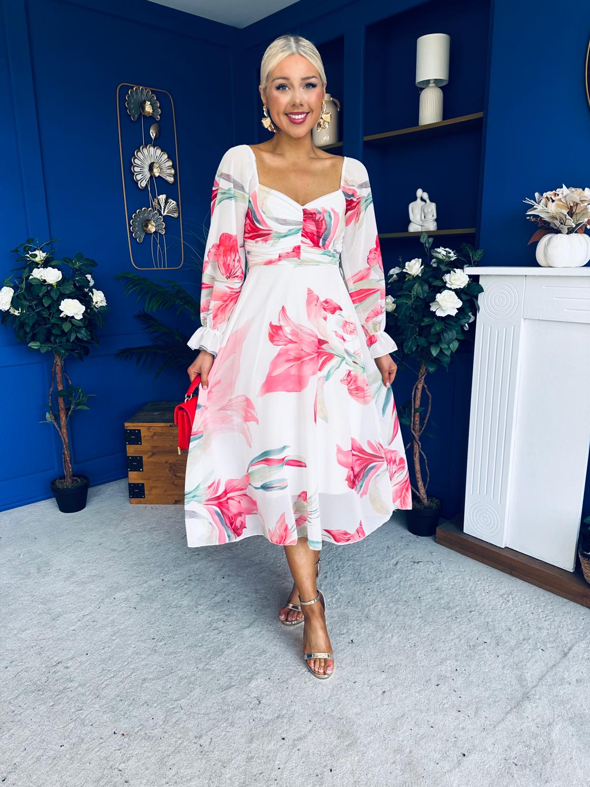 Ailbhe Detailed Midi Dress Floral White