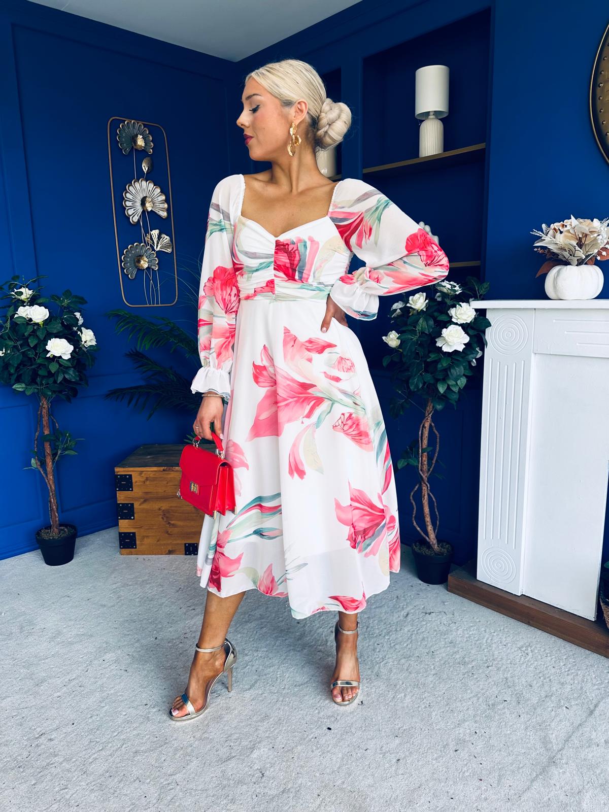 Ailbhe Detailed Midi Dress Floral White