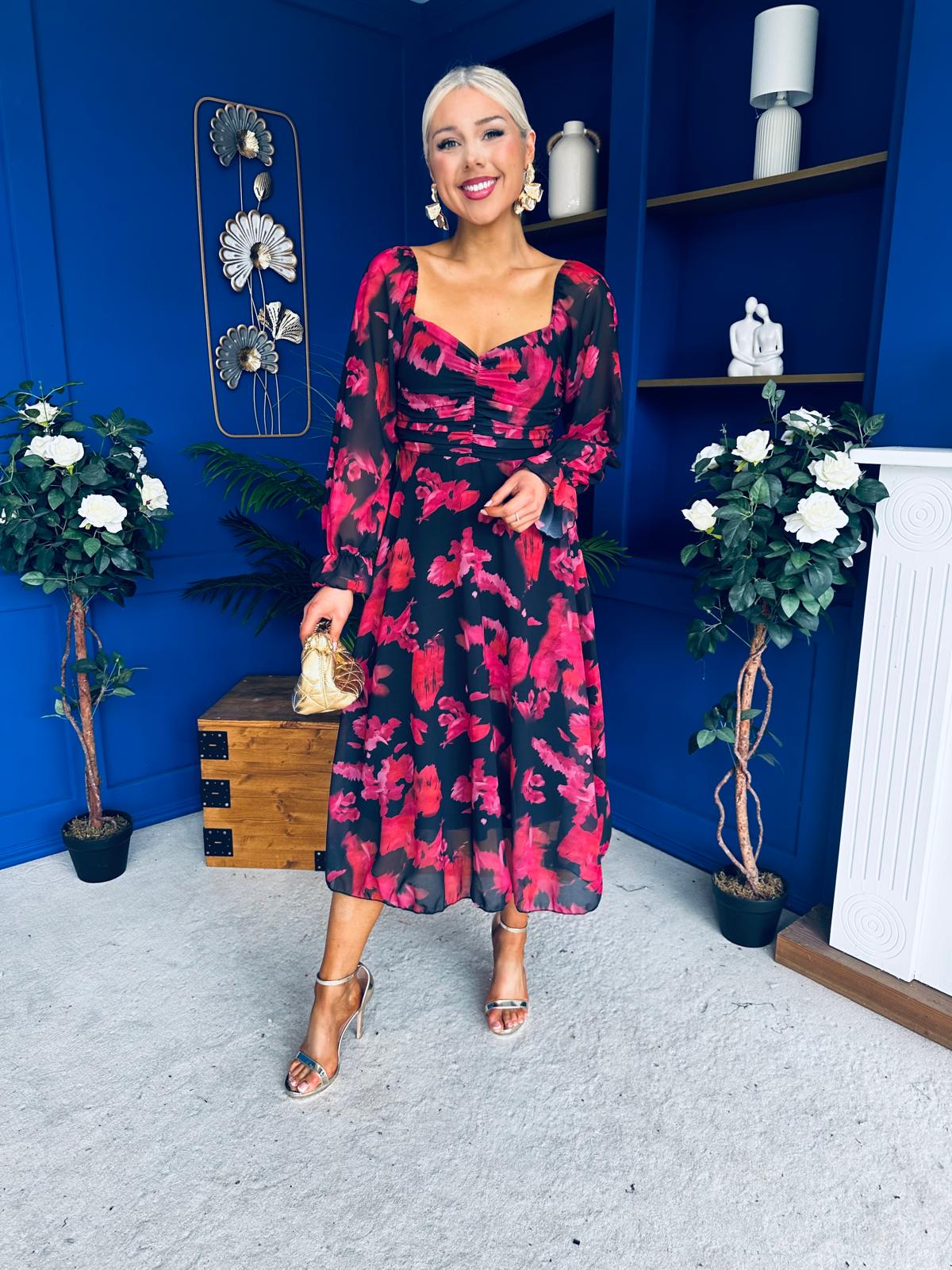 Ailbhe Detailed Midi Dress Floral Red/Black