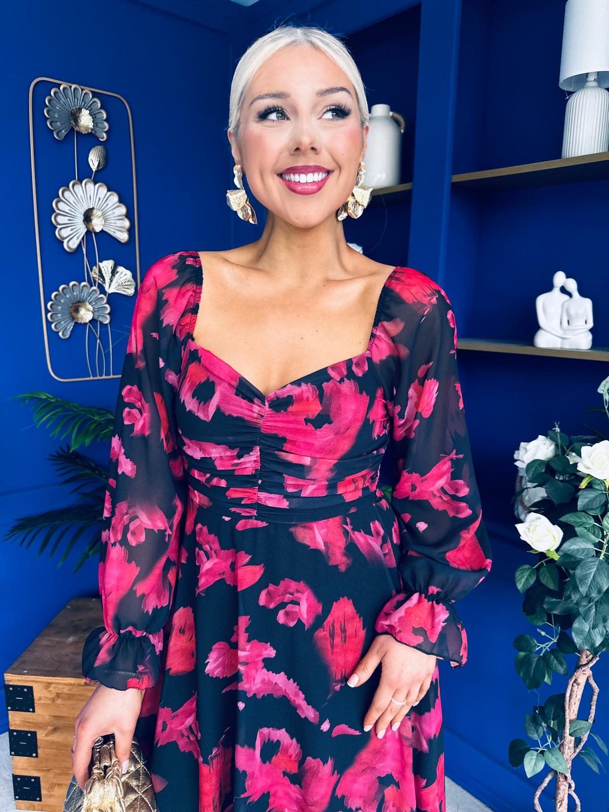 Ailbhe Detailed Midi Dress Floral Red/Black