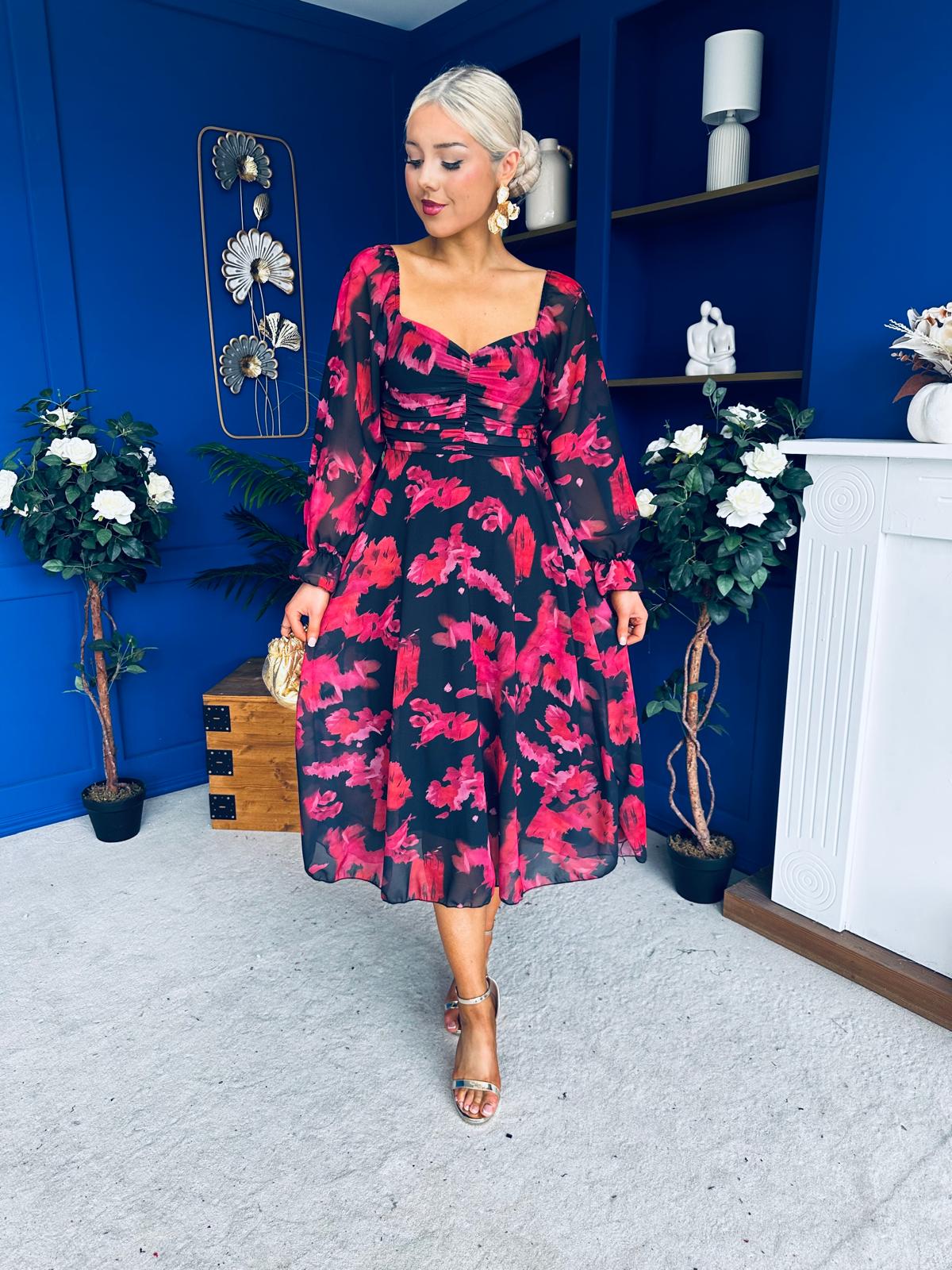 Ailbhe Detailed Midi Dress Floral Red/Black