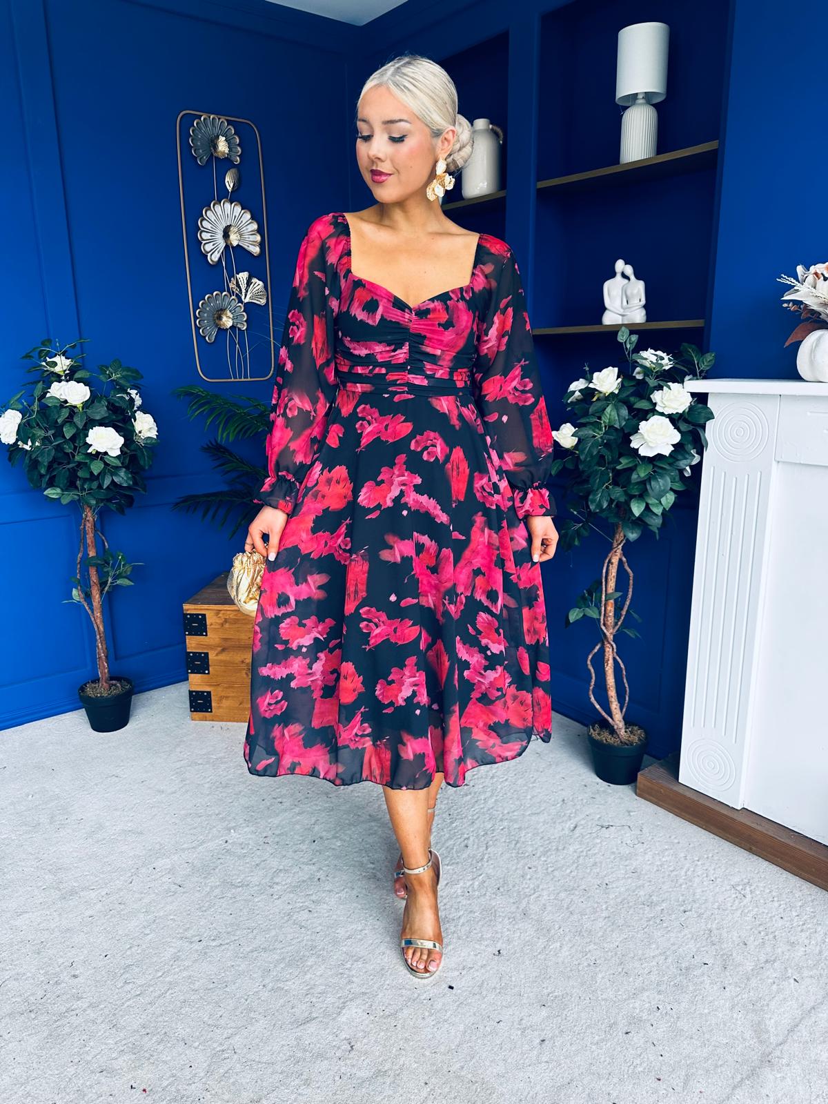 Ailbhe Detailed Midi Dress Floral Red/Black