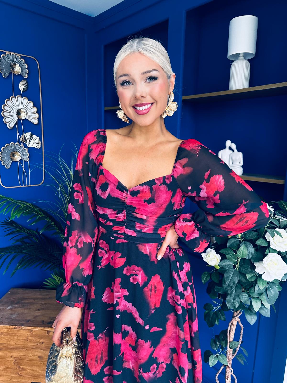 Ailbhe Detailed Midi Dress Floral Red/Black