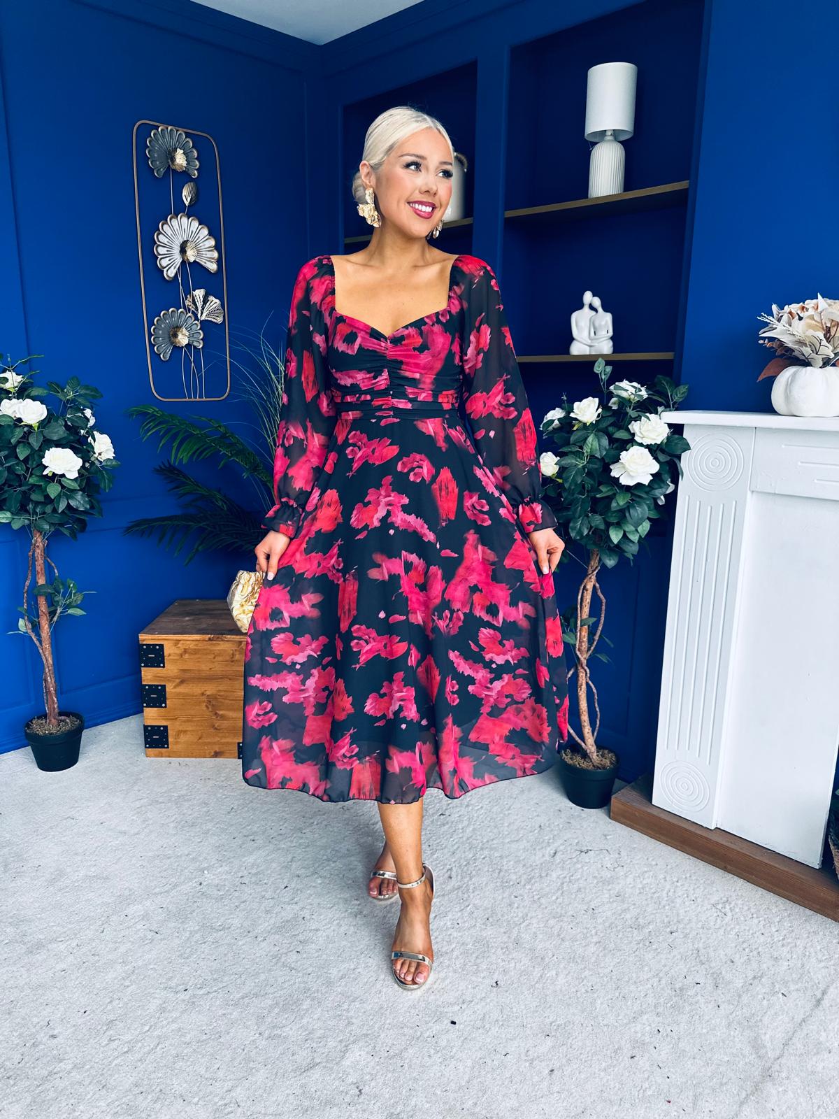 Ailbhe Detailed Midi Dress Floral Red/Black