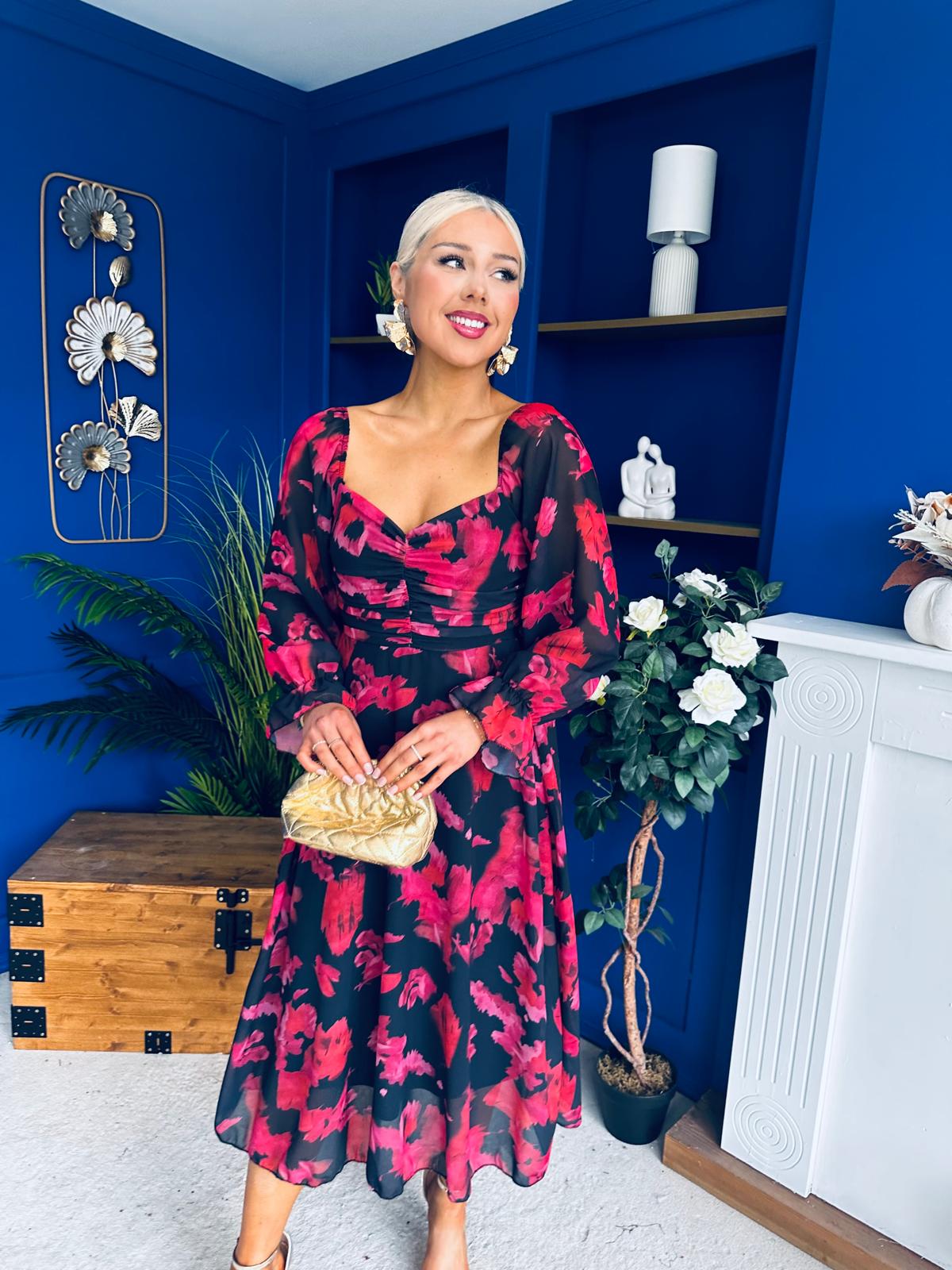 Ailbhe Detailed Midi Dress Floral Red/Black