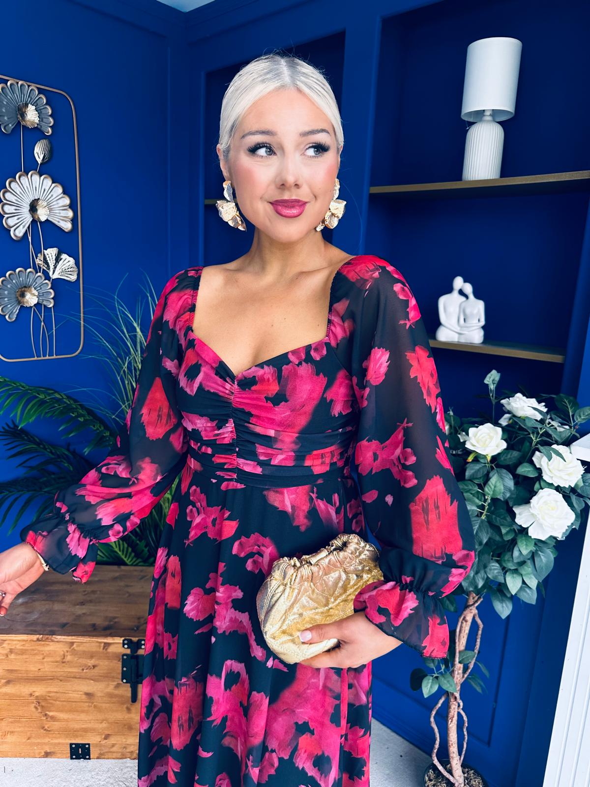 Ailbhe Detailed Midi Dress Floral Red/Black