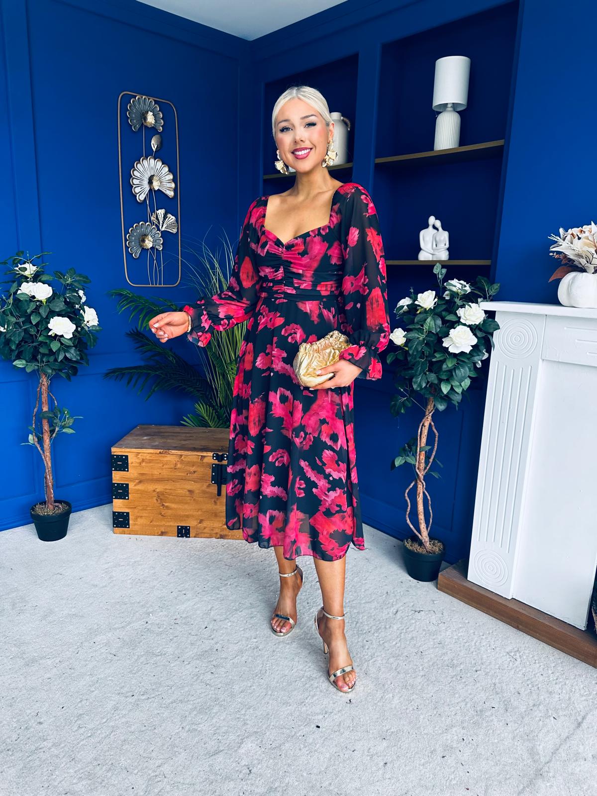 Ailbhe Detailed Midi Dress Floral Red/Black