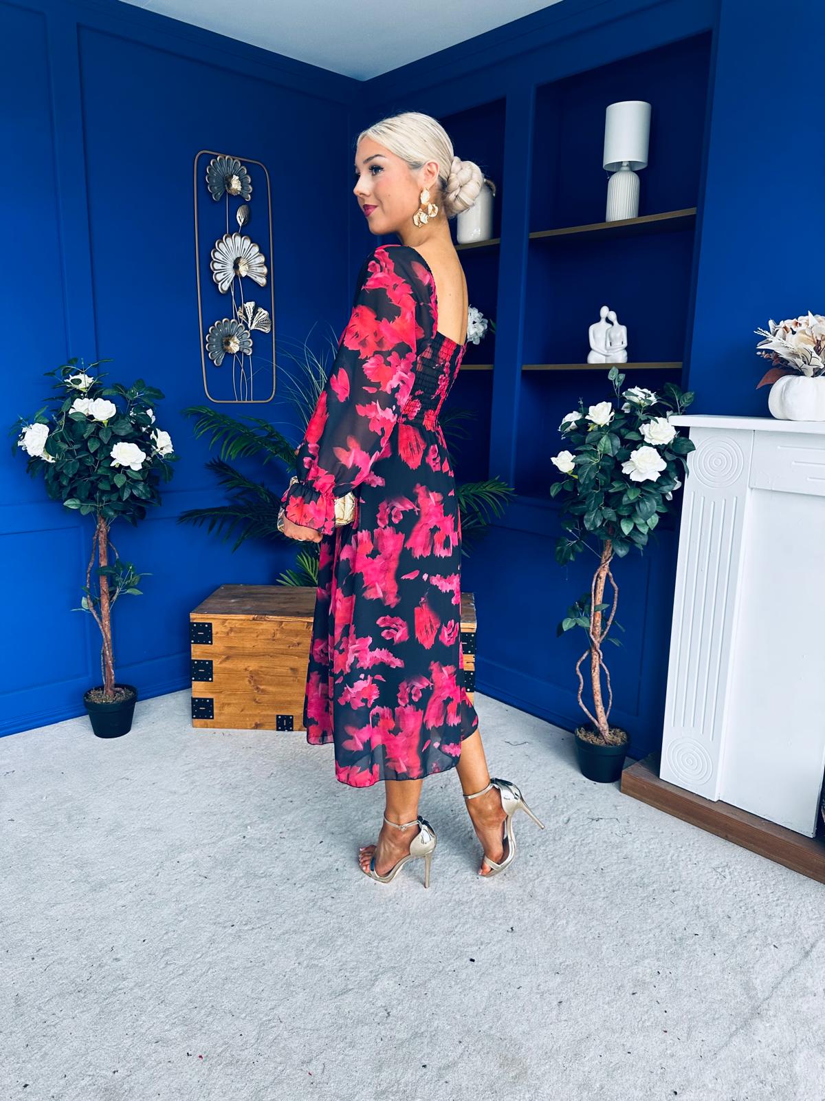 Ailbhe Detailed Midi Dress Floral Red/Black