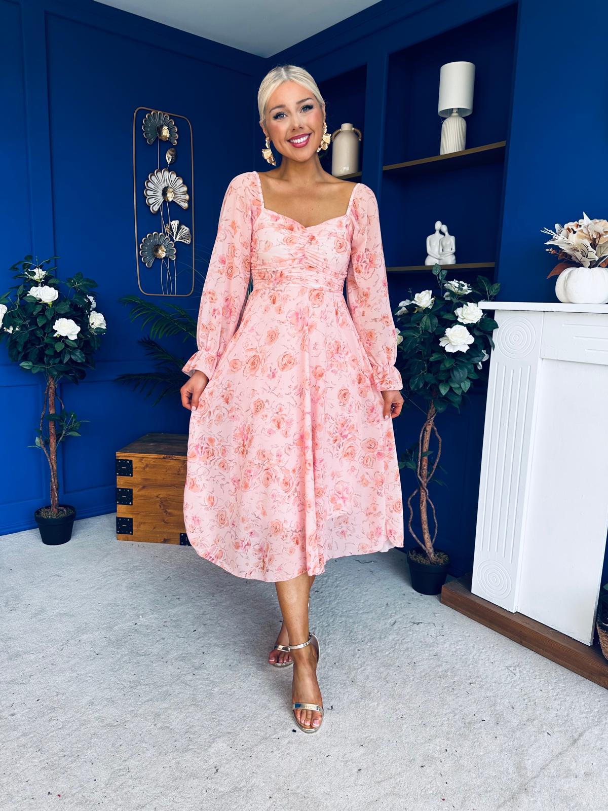 Ailbhe Detailed Midi Dress Floral Peach