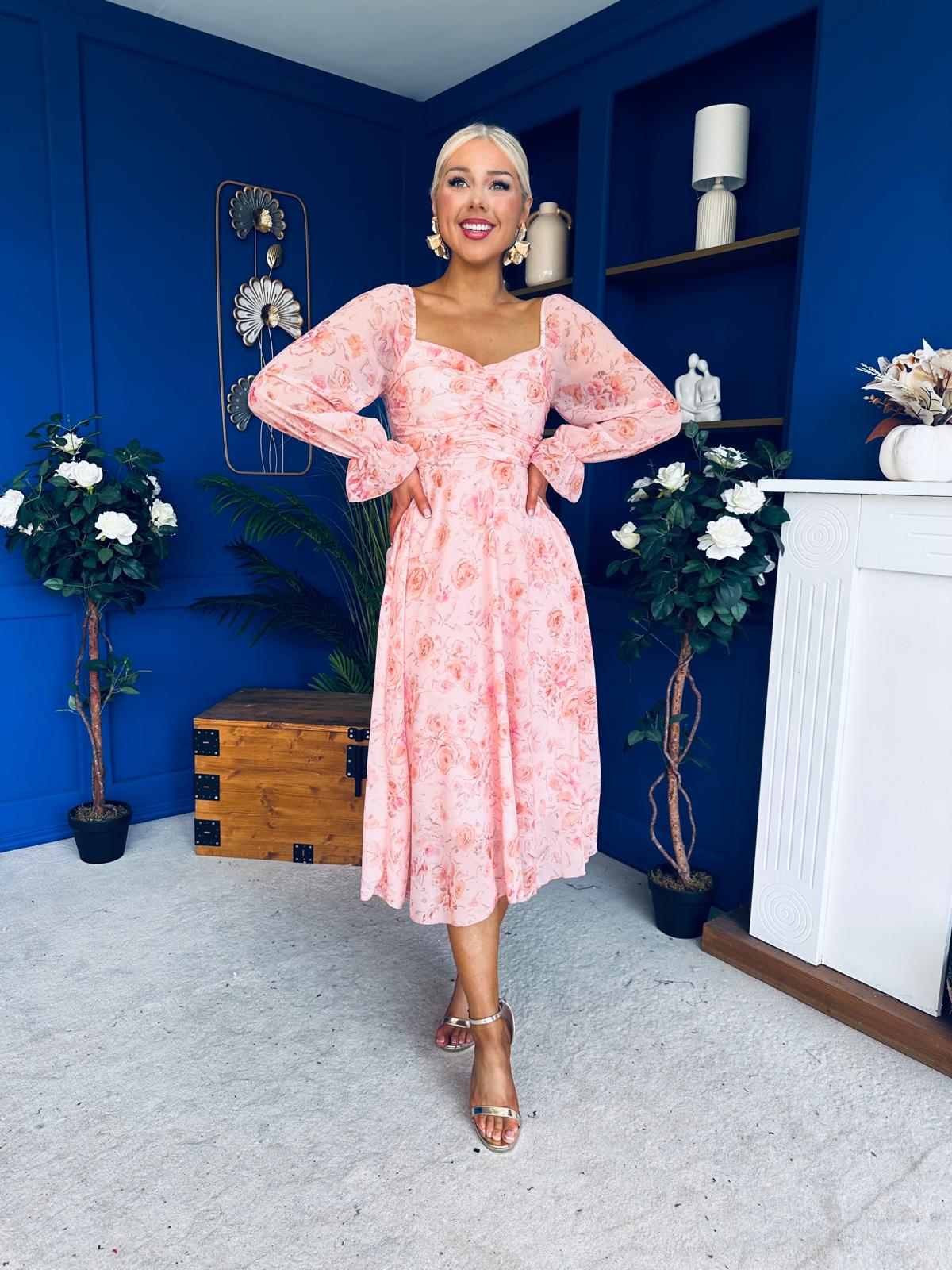 Ailbhe Detailed Midi Dress Floral Peach