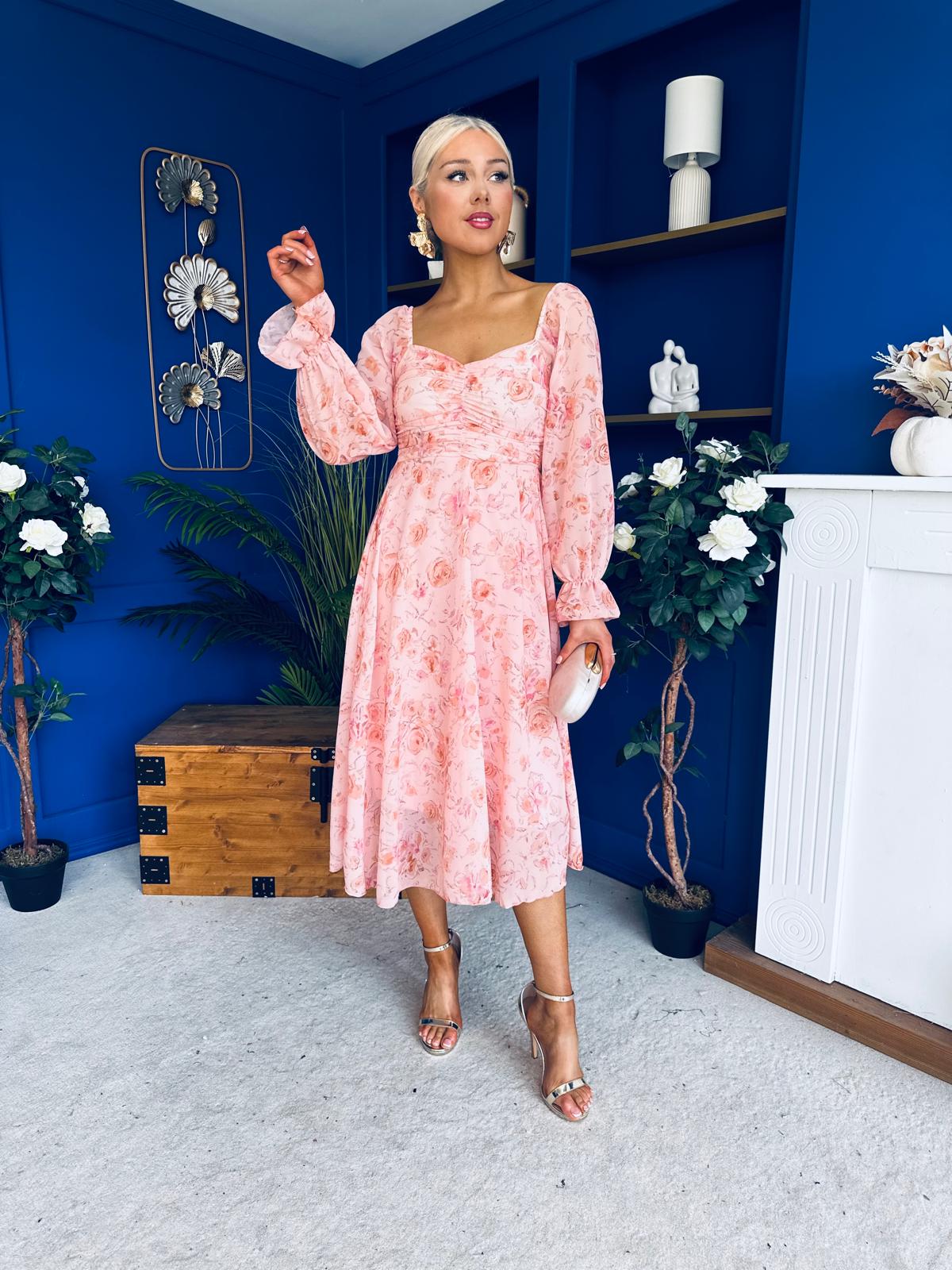 Ailbhe Detailed Midi Dress Floral Peach