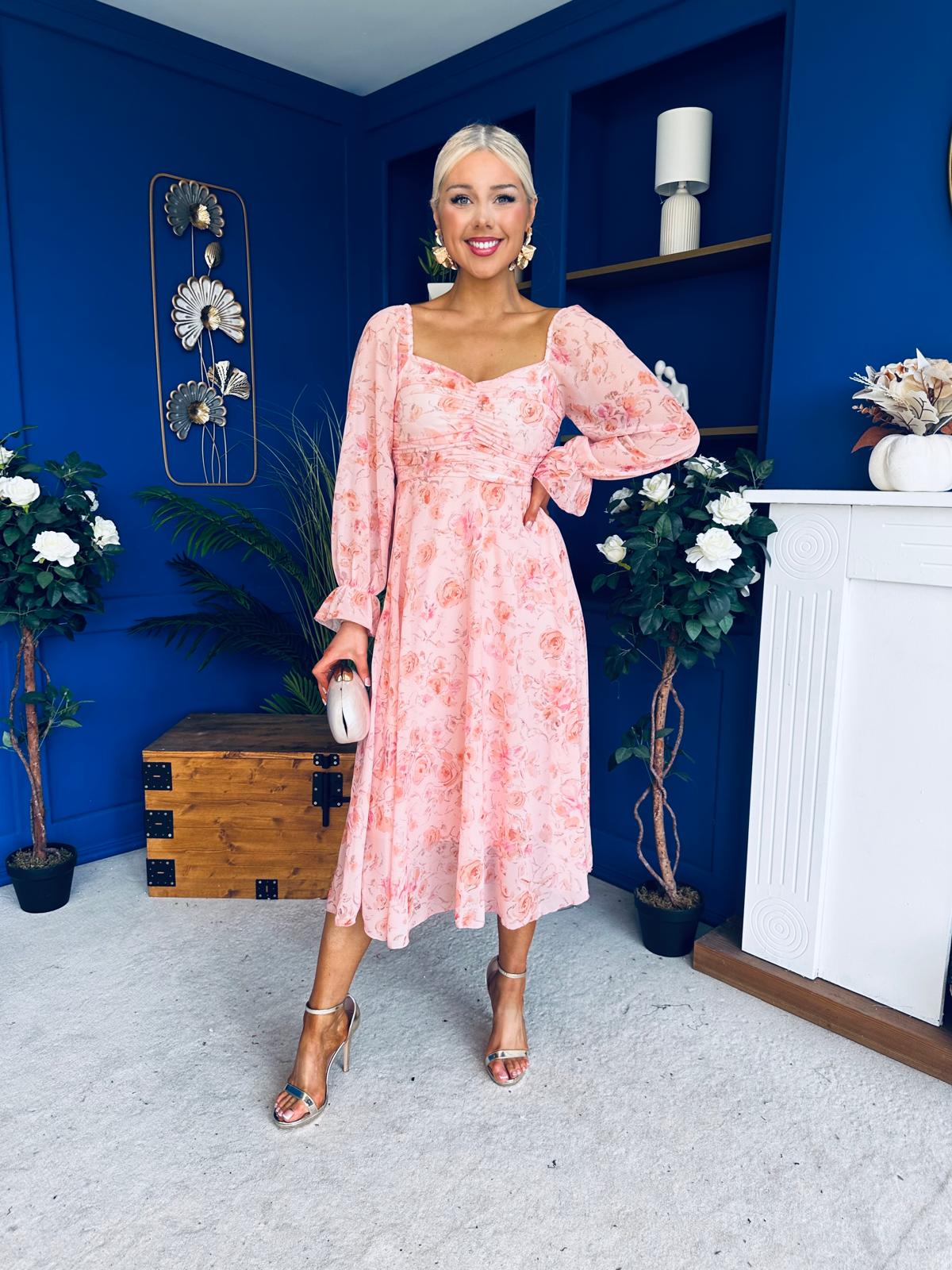 Ailbhe Detailed Midi Dress Floral Peach