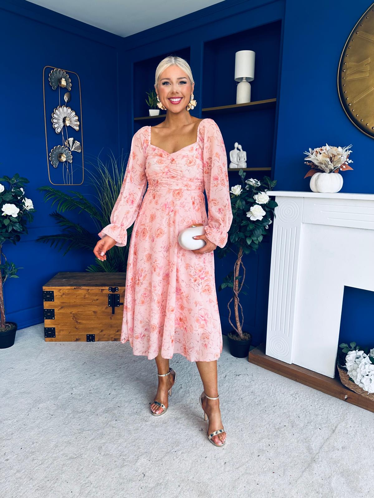 Ailbhe Detailed Midi Dress Floral Peach